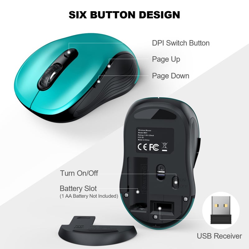 WisFox 2.4G Wireless Mouse for Laptop, Ergonomic Computer Mouse with USB Receiver and Type-C Adapter, 3 Adjustable Levels, 6 Button Cordless Wireless Mice for Windows Mac PC Notebook (Green) - Image 5